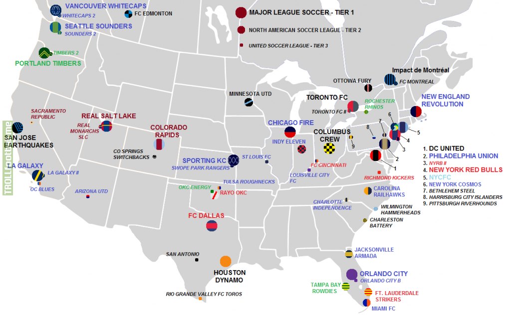 Location of clubs in US/Canada's top three tiers