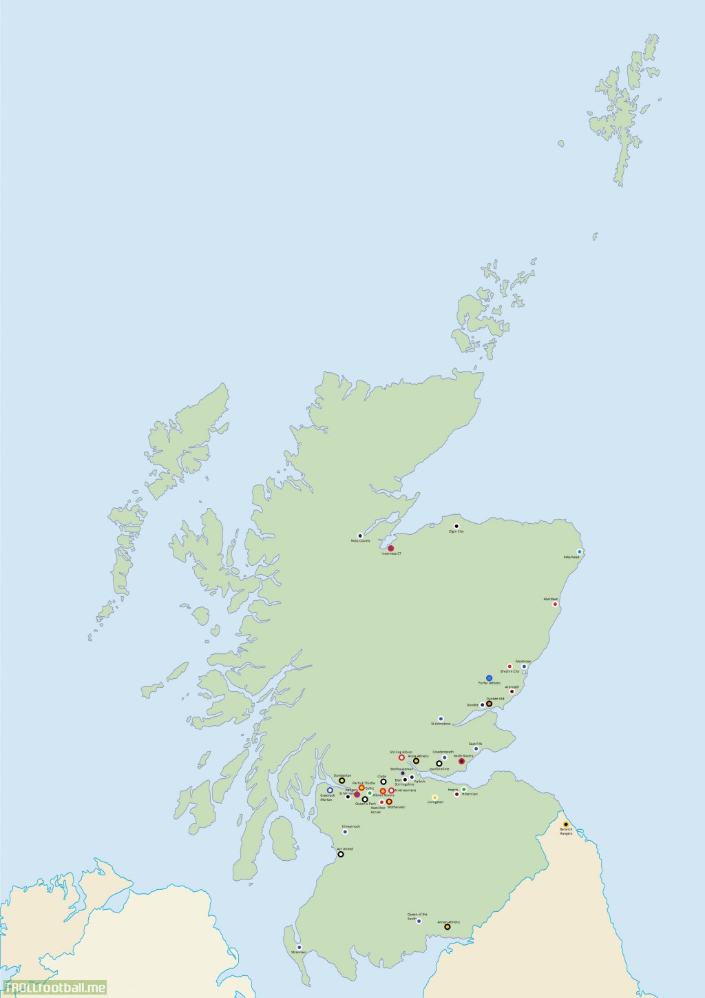 Map of all 42 teams in the Scottish Professional Football League