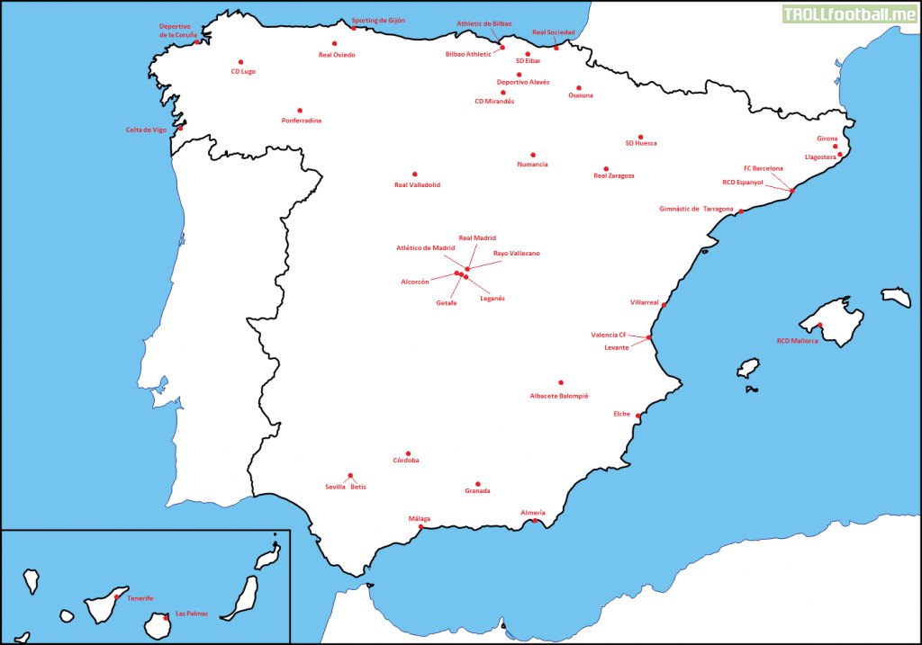 Map Of First And Second Division Clubs In Spain Troll Football