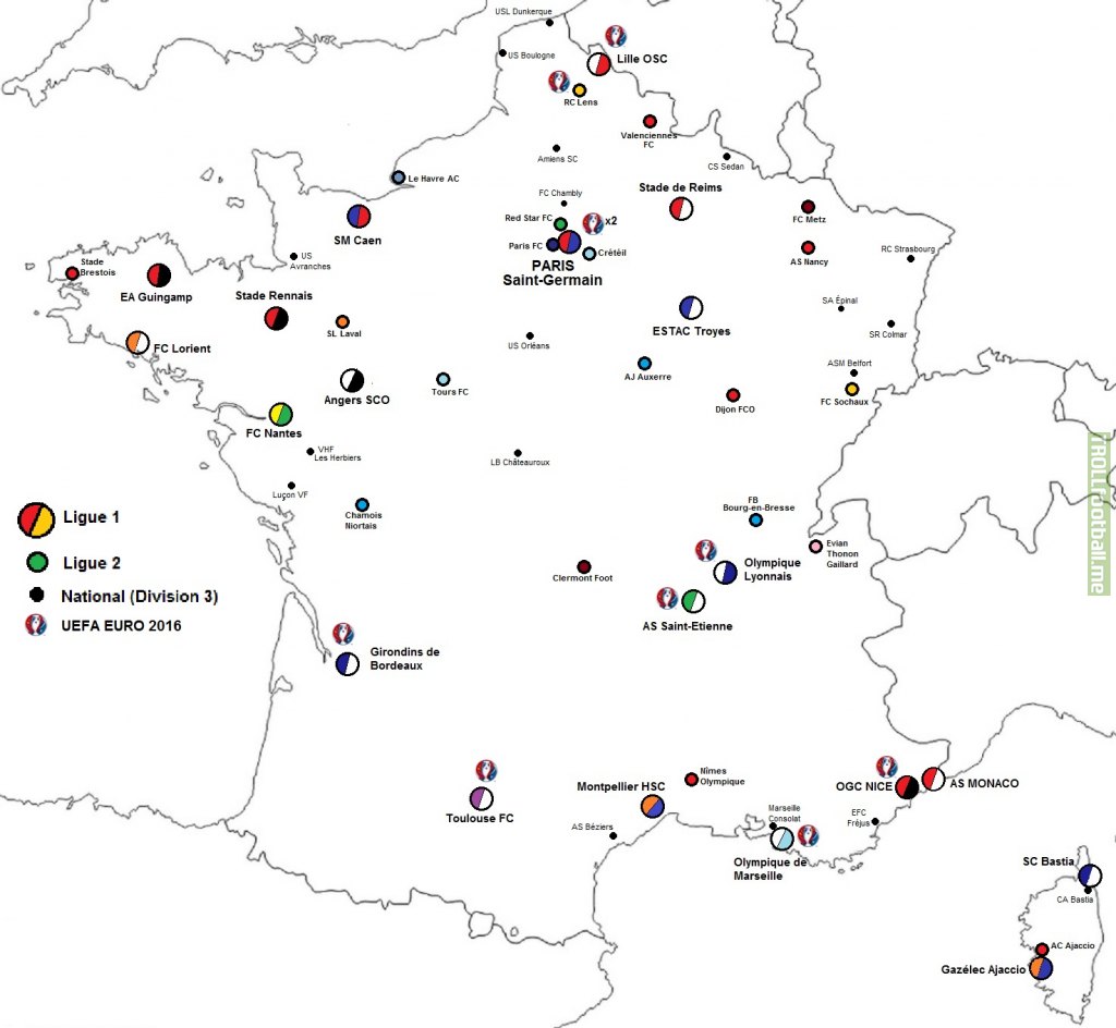 [OC] Map of every football club in France (first three tiers) + Euro 2016 stadiums