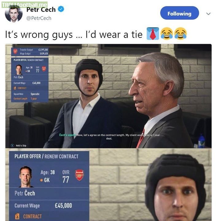 Petr Cech responds to him wearing his helmet during ...