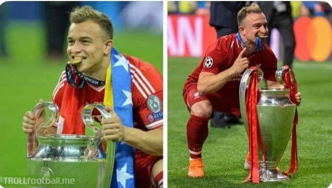 2012/13: Bayern Munich lost the CL final in the previous season, they sign Shaqiri and then win the trophy.    2018/19: Liverpool lost the CL final in the previous season, they sign Shaqiri and then win the trophy.    😳😳