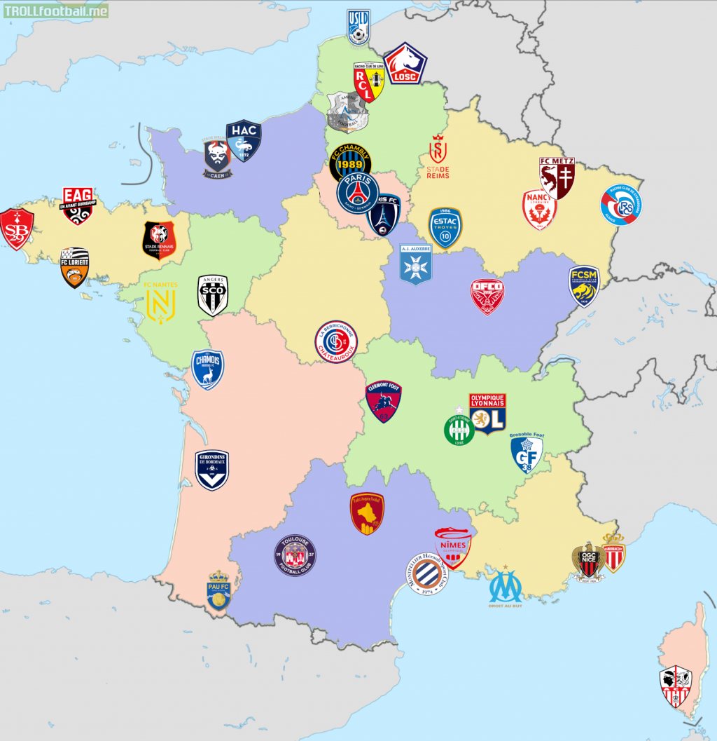 I made a map with all the teams from Ligue 1 and 2 for the 20/21 season