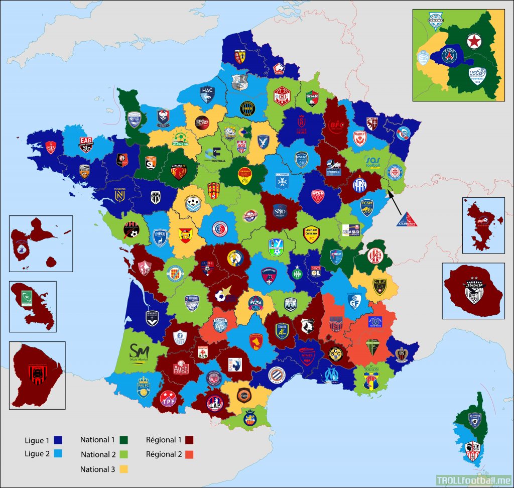 [OC] The best club of each French département in the 2020/2021 season