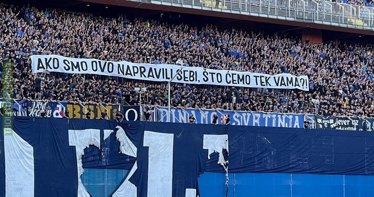 Last year, Dinamo supporters unintentionally lit their own banner on fire during the Dinamo-Hajduk derby. Dinamo supporters raised the damaged banner once more during yesterday's first derby of the current season with the message, "If we did this to ourselves, guess what we'll do to you?"