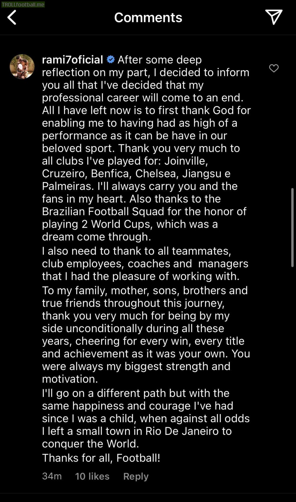 [Ramires] announced his retirement from football on Instagram