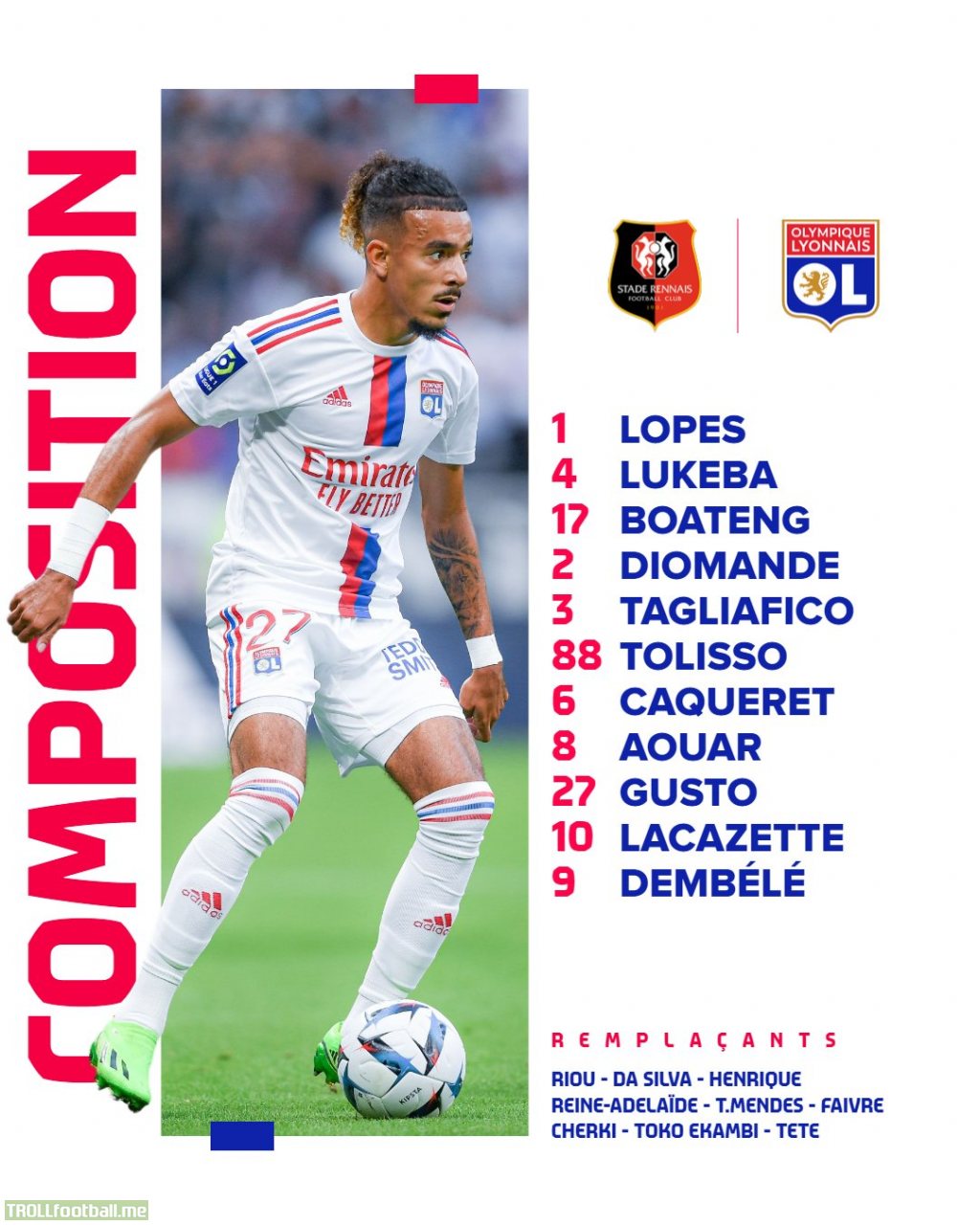 8 OL Academy trained players for Laurent Blanc's first line up with Olympique Lyonnais. Lopes, Gusto, Lukeba, Diomandé, Caqueret, Tolisso, Aouar, Lacazette.