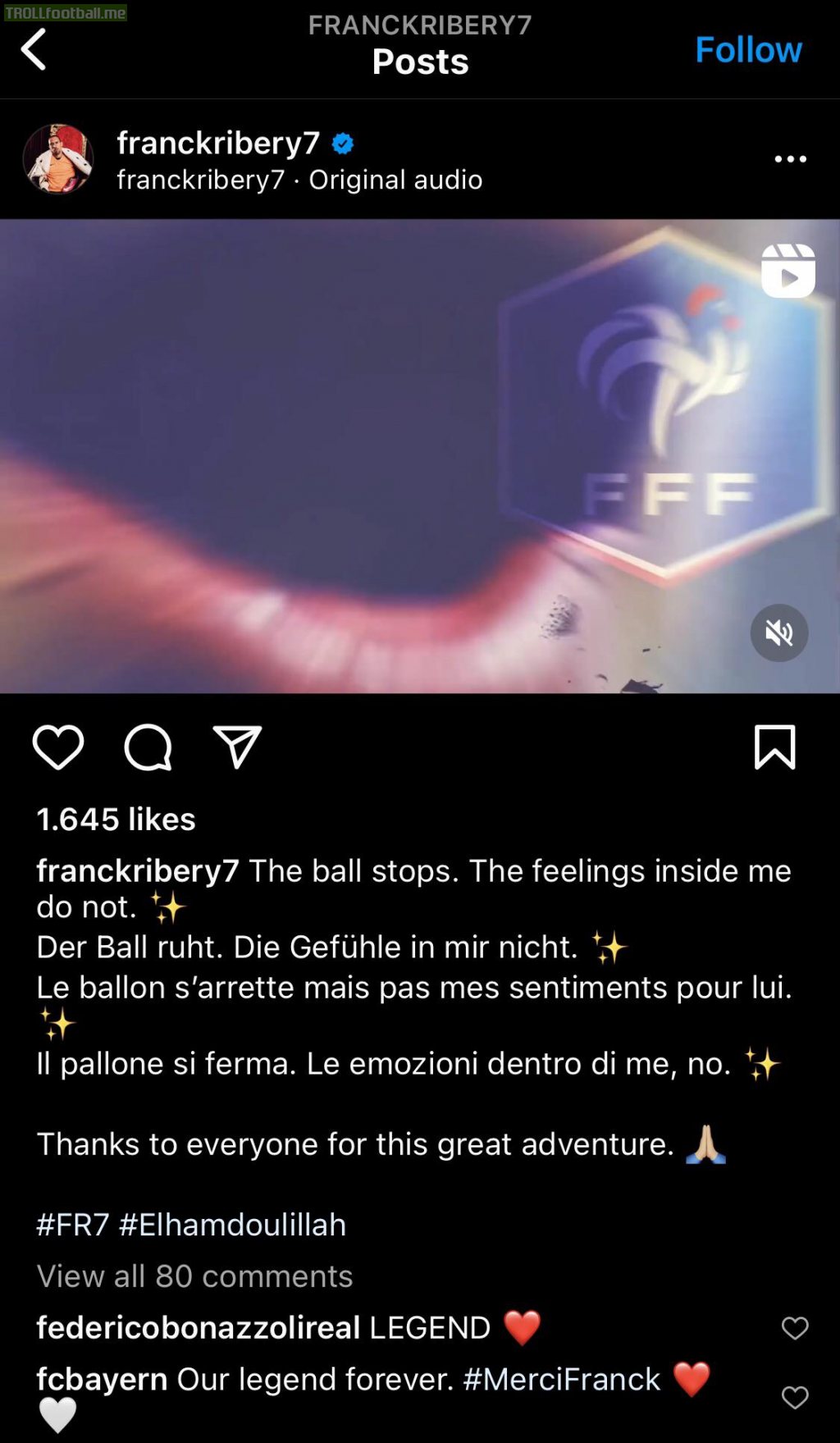 [Franck Ribéry on Instagram] Franck Ribéry retires from professional football.
