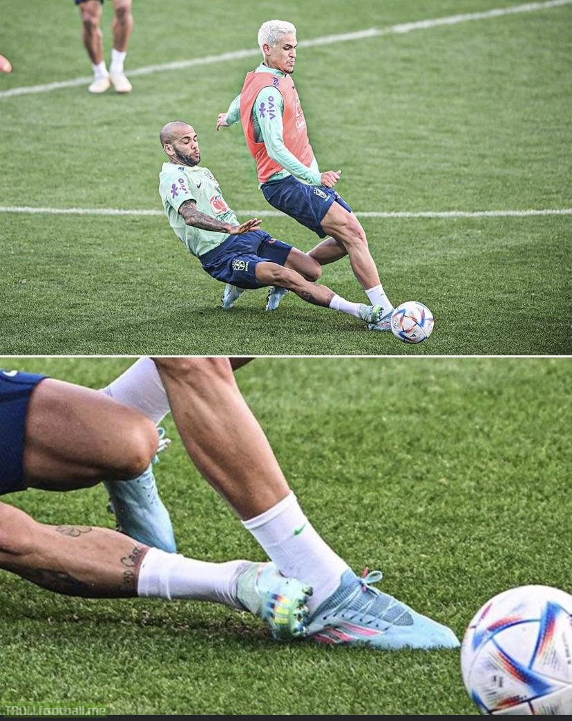 Dani Alves with a studs up tackle in World Cup training today ..