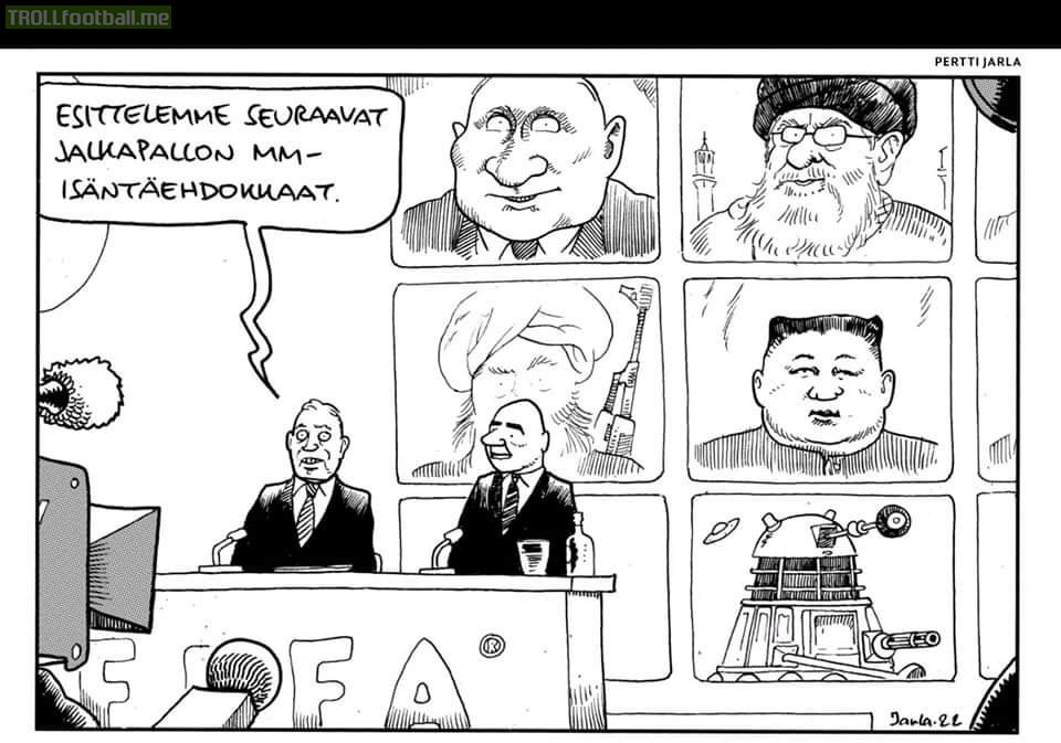 FIFA announcing the candidates for the next world cup hosts (Finnish satirical comic, 19.11.22)