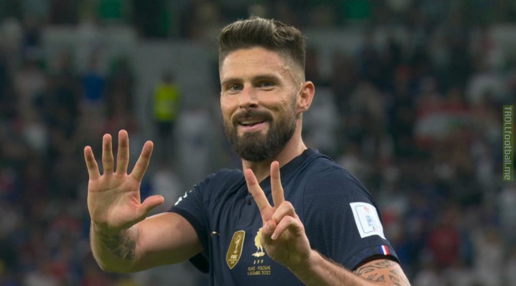Olivier Giroud's celebration for his 52nd international goal for the French national team and becoming their top scorer