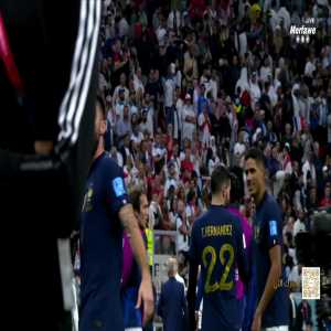 France celebrate with their fans after reaching the semi final.