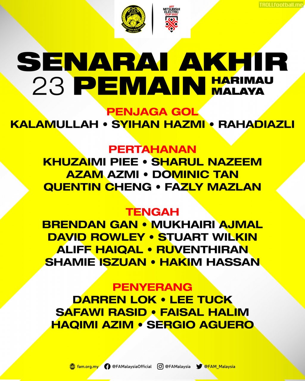 [Official source] Malaysia announced their 23-man squad for the AFF Mitsubishi Electric Cup