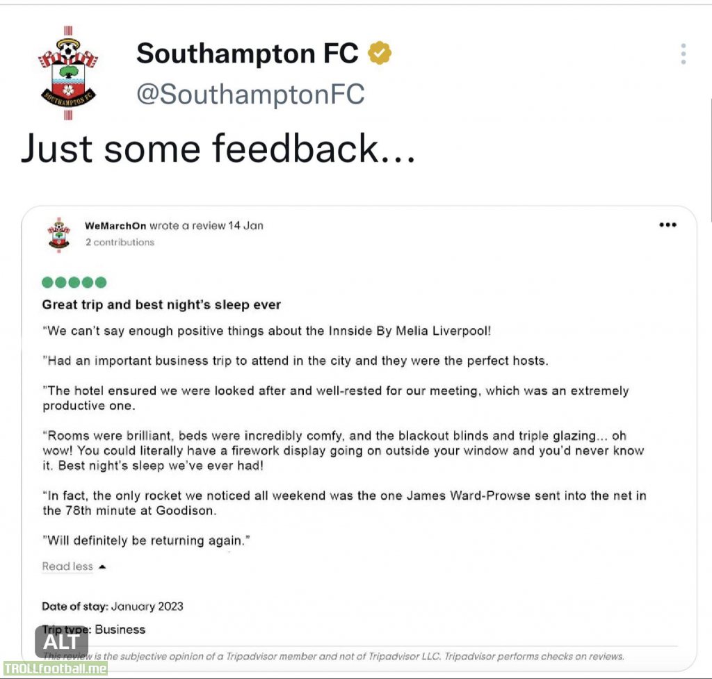 After Everton fans shot fireworks at Southamptons hotel the night before the game, The Saints leave some lovely Hotel feedback!