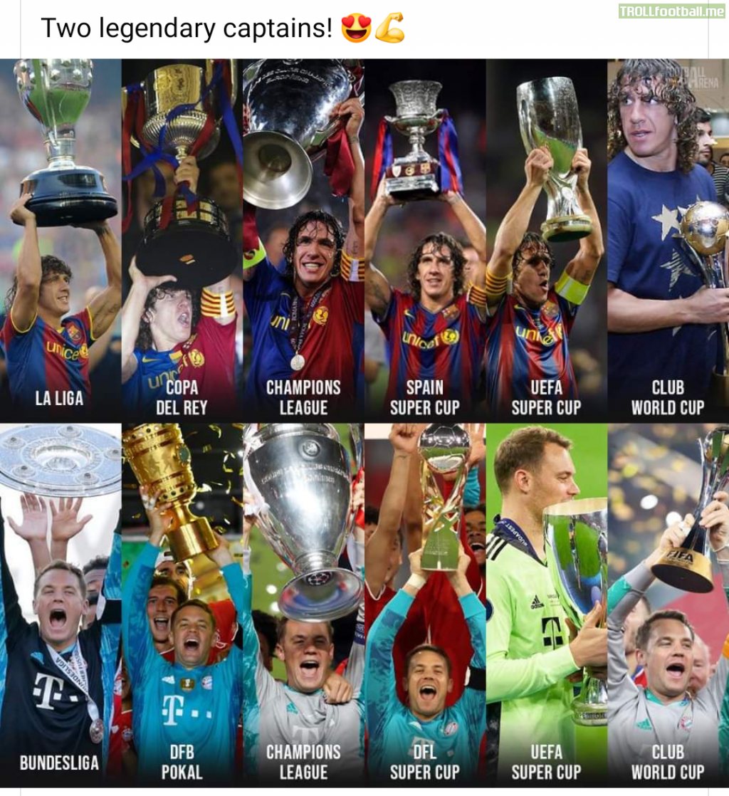 The only two Sextuple winning captains : Carles Puyol (Barcelona) and Manuel Neuer (Bayern Munich) (Occasion : On this day in 2021 Bayern Munich completed the 2nd ever Sextuple in football history, the former being Barcelona in 2009)