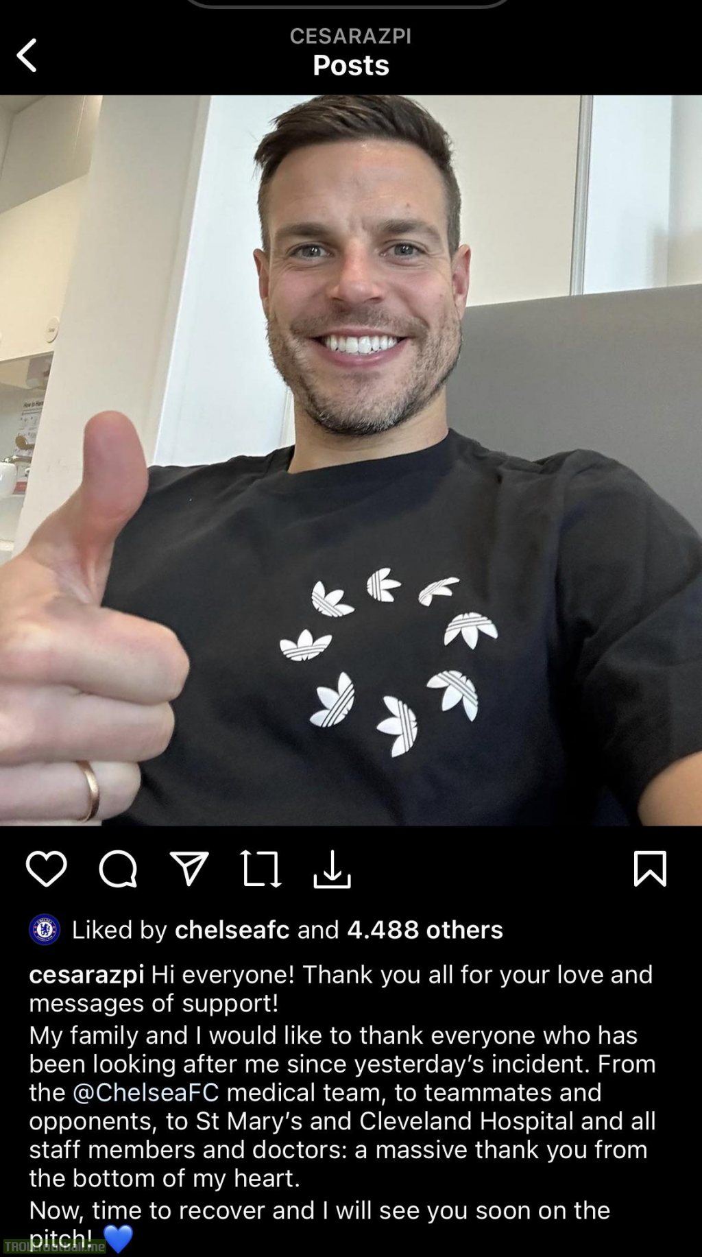 Azpilicueta on Instagram with an update after yesterdays incident: Hi everyone! Thank you all for your love and messages of support! My family and I would like to thank everyone who has been looking after me since yesterday’s incident…