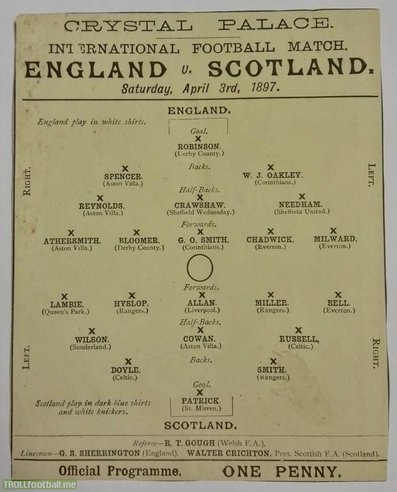 A pretty basic single sheet, with an advertisement for a match between England and Scotland dating back to 1897.