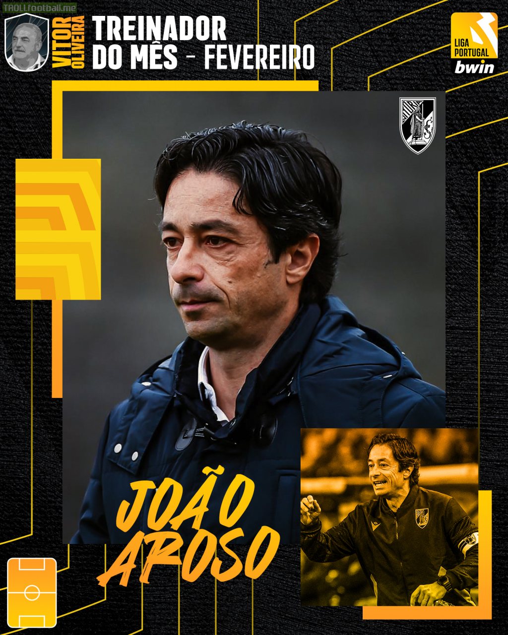João Aroso, assistant coach of Vitória SC, wins Manager of the Month in the Primeira Liga because Moreno, the head coach, doesn't have the enough qualifications to be recognized as the head coach
